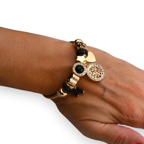 Brazalete De Encantos R Gido Negro Y Dorado Rbol De La Vida