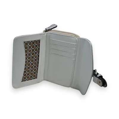 Portefeuille compact argenté et beige, fermeture zippée, compartiments multiples Portefeuille compact argenté et beige, fermeture zippée, compartiments multiples