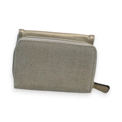 Portefeuille bi-matière gris et doré avec fermeture éclair, compact et élégant Portefeuille bi-matière gris et doré avec fermeture éclair, compact et élégant