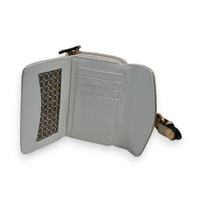 Portefeuille compact gris clair avec compartiments et détails dorés, marque Mélanie ... Portefeuille compact gris clair avec compartiments et détails dorés, marque Mélanie ...