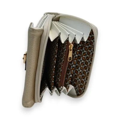 Portefeuille bi-matière doré avec intérieur à motifs, fermeture éclair et comparti... Portefeuille bi-matière doré avec intérieur à motifs, fermeture éclair et comparti...