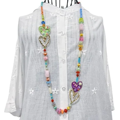 Collana Lunga Bohémien con Cuori Floreali Multicolore Collana Lunga Bohémien con Cuori Floreali Multicolore