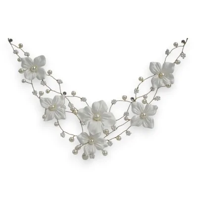 Collar Floral Blanco de Boda con Perlas y Flores de Tela Collar Floral Blanco de Boda con Perlas y Flores de Tela