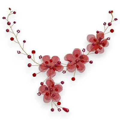 Collana Floraline - Gioiello Floreale Rosso Ciliegia in Metallo Dorato e Tessuto