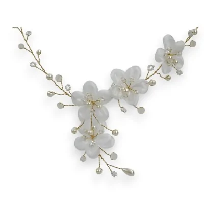 Collana Floralia - Gioiello da Sposa Dorato con Fiori in Tessuto Bianco e Perle
