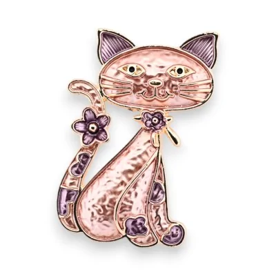 Broche Magnética de Gato Elegante en Oro Rosa con Flor Violeta