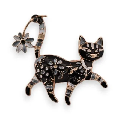 Magnetic Black Enamel Gold-Plated Cat Brooch with Flower Magnetic Black Enamel Gold-Plated Cat Brooch with Flower