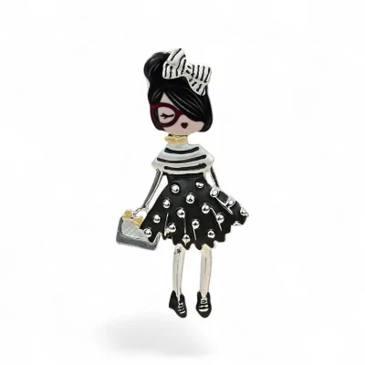 Broche aimantée femme parisienne pois noirs lunettes rouges - style vintage français