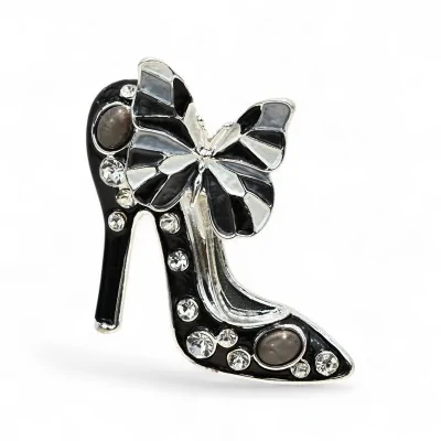 Broche aimantée escarpin noir nœud bicolore strass - talon haut magnétique