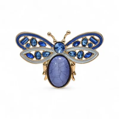 Broche aimantée papillon bleu émaillé strass - bijou insecte magnétique