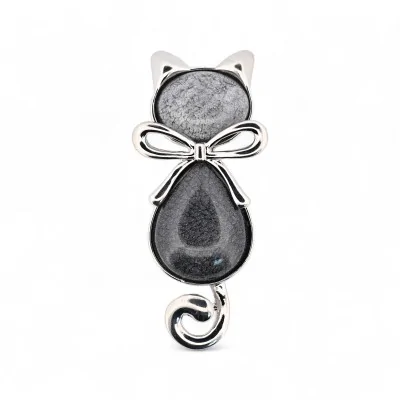 Broche Imantado Gato Piedra Marmoleada Gris Plateada