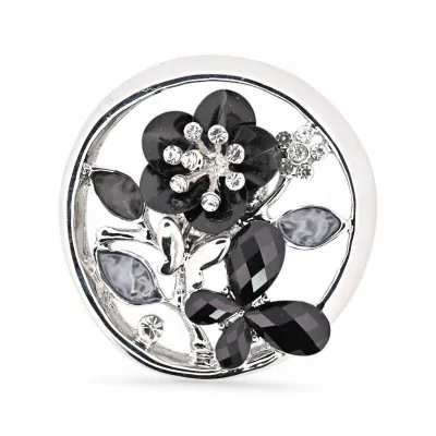 Magnetic Floral Butterfly Crystal Locket Brooch - Sophisticated Black Silver Jewelry