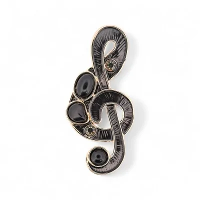 Broche aimantée clé de sol noire rose gold pierres cabochons texture rayée - bijou musical luxe