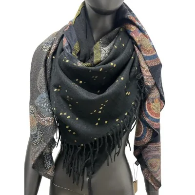 Square Scarf 4 Sides Fleece Fringe Finishings and Golden Details