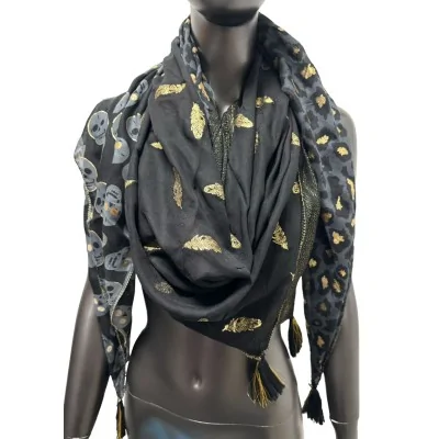 Pañuelo Cuadrado Patchwork Calavera y Leopardo - Gris Negro Dorado