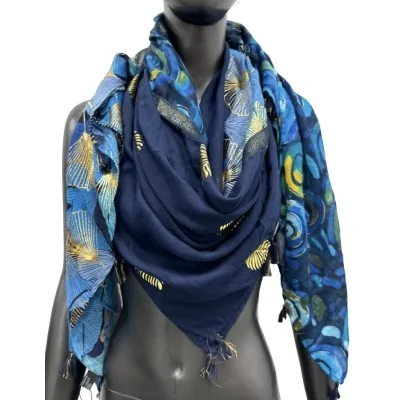 Foulard Quadrato Patchwork Ginkgo - Blu e Dettagli Dorati