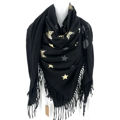Bufanda Cuadrada Patchwork Negro Polar Estrellas y Plumas Doradas