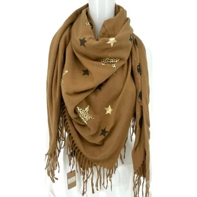 Square Patchwork Scarf Camel Fleece Golden Stars and Feathers Square Patchwork Scarf Camel Fleece Golden Stars and Feathers