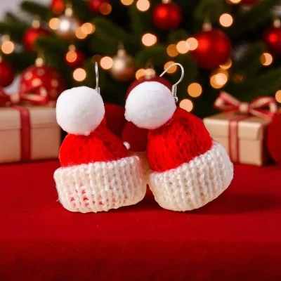 Red and White Knitted Christmas Hat Earrings