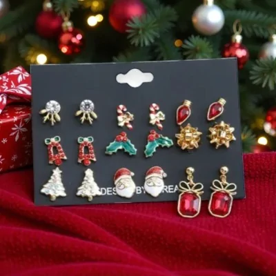 Lot de 9 Boucles d'Oreilles Fantaisie de Noël