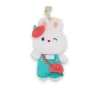 Porte-clés peluche lapin blanc avec salopette turquoise et sac rose, style kawaii