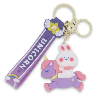 Pink Purple Unicorn Rabbit Keychain with Golden Bell