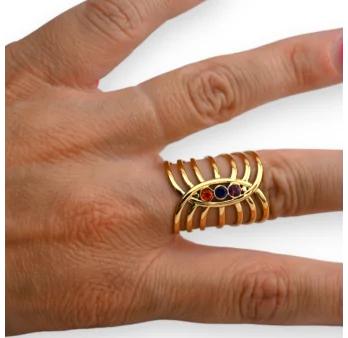 Golden Multi-Ring Band with 3 Colored Stones