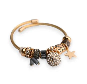 Stabiles Armband grau und goldene Charms Kugel Strass