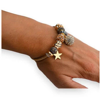 Brazalete rígido gris y dorado con charms bola de strass