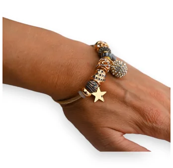 Silver and gold rigid bracelet with ball and rhinestone charms