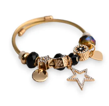 Brazalete de encantos rígido dorado y negro estrella