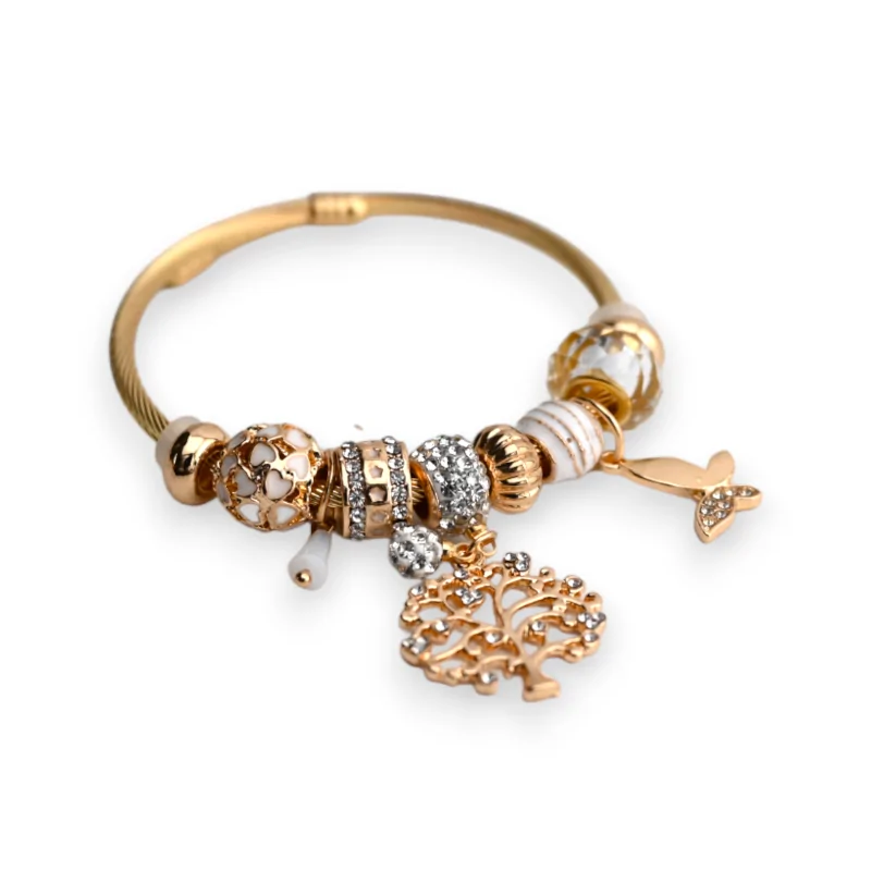 Stabiles Gold- und Weiß-Armband mit Lebensbaum-Charms