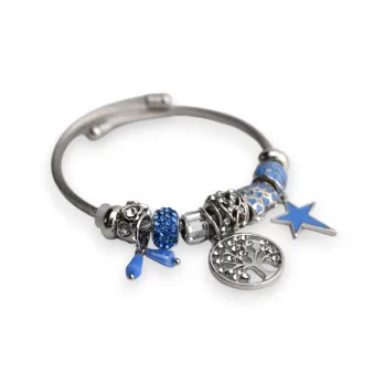 Bracelet charms rigide bleu argenté arbre de vie