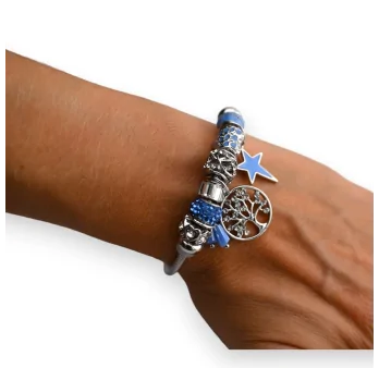 Bracelet charms rigide bleu argenté arbre de vie
