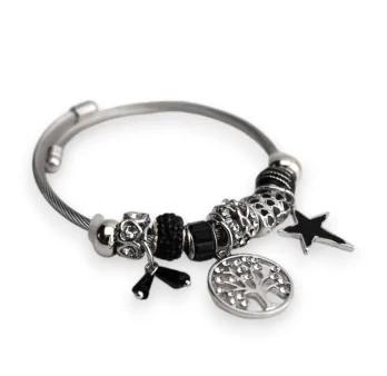 Bracelet charms rigide argenté et noir arbre de vie