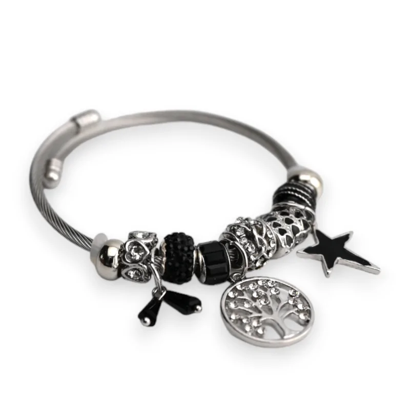 Bracelet charms rigide argenté et noir arbre de vie