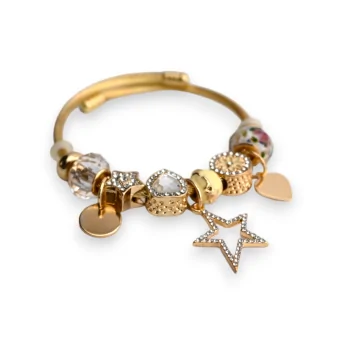 Rigid gold and white star rhinestone charm bracelet