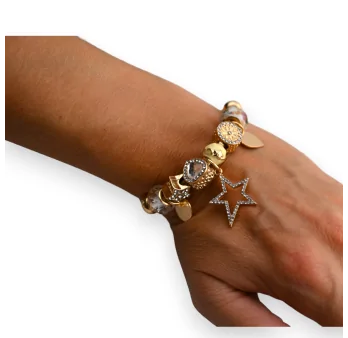 Rigid gold and white star rhinestone charm bracelet