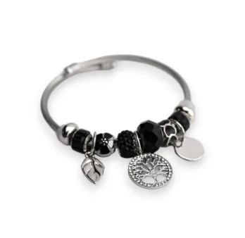 Bracelet charms rigide noir et argenté arbre de vie