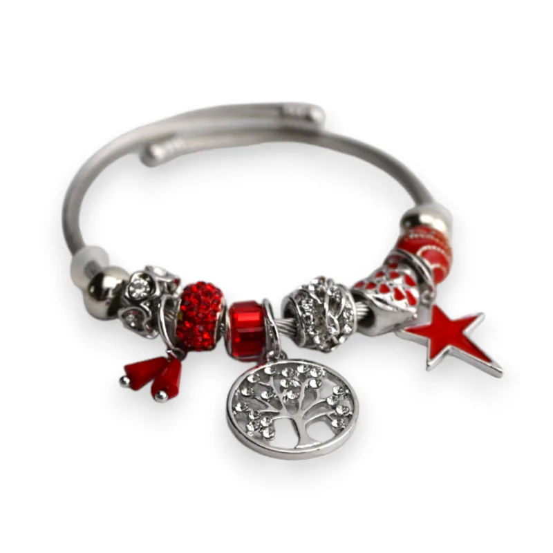 Bracelet charms rigide rouge et argenté arbre de vie