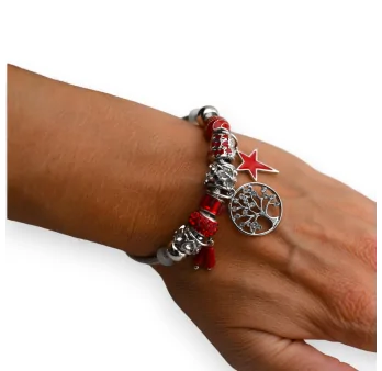 Bracelet charms rigide rouge et argenté arbre de vie