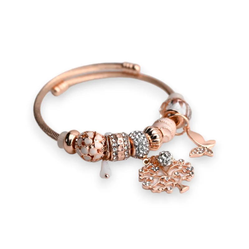 Brazalete de encantos rígido de cobre rosa árbol de la vida