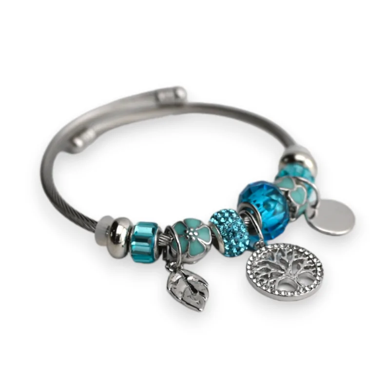 Silver and Turquoise Rigid Tree of Life Charm Bracelet