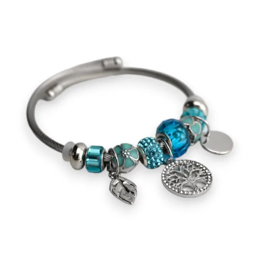 Bracelet charms rigide argenté et turquoise arbre de vie