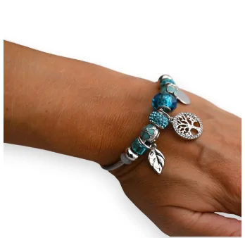 Bracelet charms rigide argenté et turquoise arbre de vie