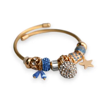 Pulsera de encantos rígida dorada y azul bola de strass