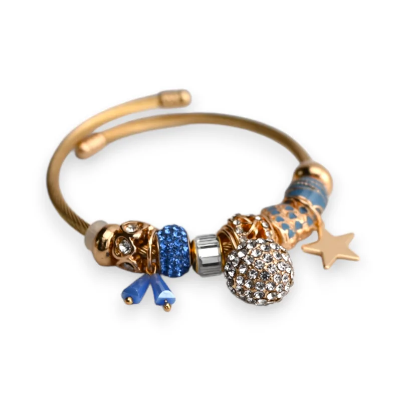 Bracelet charms rigide doré et bleu boule strass