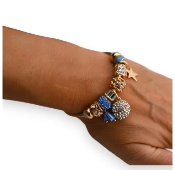 Bracelet charms rigide doré et bleu boule strass