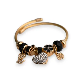 Bracelet charms rigide noir et doré cœur strass