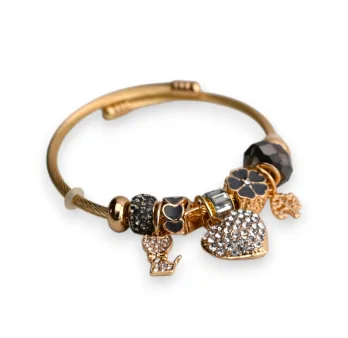 Stiff grey and gold heart rhinestone charm bracelet